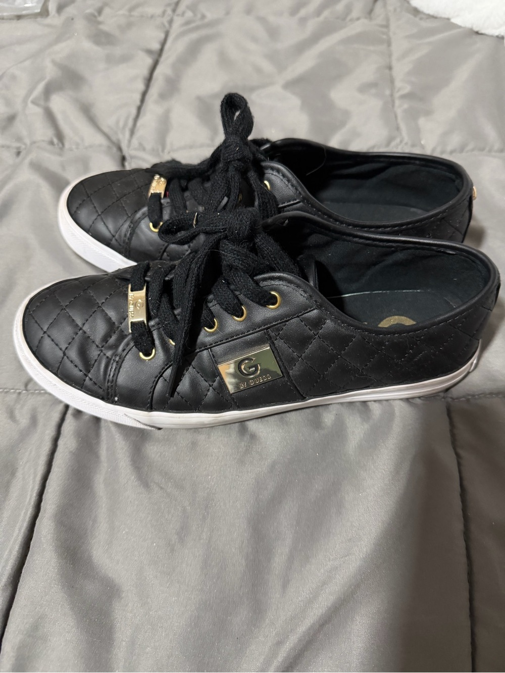 G by Guess Black Quilted Sneakers with White Sole and Gold Accents